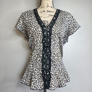 Y2k MILANO Leopard Print Lace Trim Button-Up Top - XL